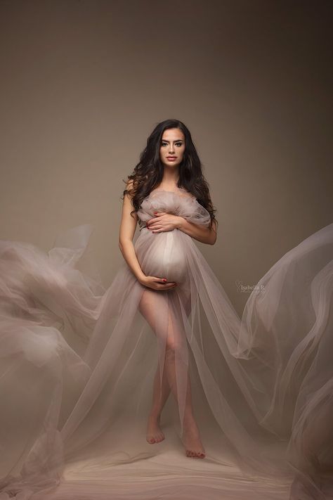 High Fashion Maternity Photography, Extravagant Maternity Shoot, Maternity Pictures Studio, Maternity Photo Shoot Ideas Studio, Sheer Maternity Photo Shoot, Maternity Dress Photography Gowns Tulle, Tulle Robe Maternity Photoshoot, Maternity Bodysuit, Tulle Scarf