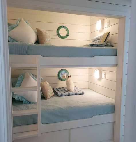 Our bunk beds at the beach cottage.  This was once a storage closet. Coastal farmhouse decor. Bunk Room Ideas, Alcove Bed, Happy Day Farm, Bunk Beds Built In, Bunk Rooms, Built In Bunks, Storage Closet, Bunk Room, Bed In Closet