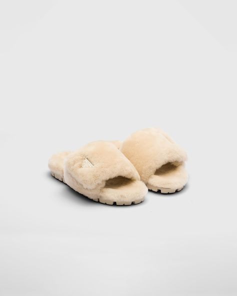 Caramel Soft Padded Nappa Leather Slides | PRADA Prada Slides, Shearling Slippers, Fur Shoes, Devil Wears Prada, Slides Women, Neutral Beige, Triangle Logo, Built In Wardrobe, Leather Slides