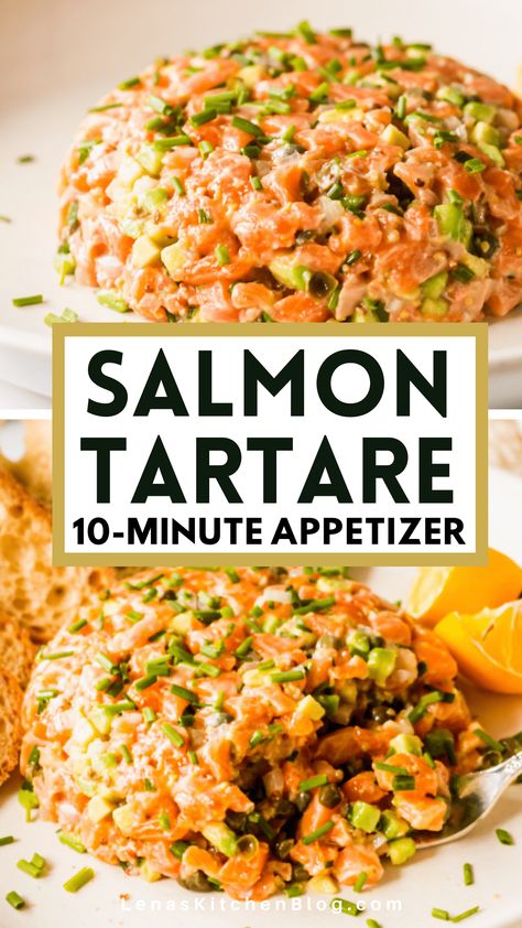 Salmon Tartare Avocado, Smoked Salmon Tartare Recipe, Salmon Avocado Tartare, Sashimi Salmon Recipe, Salmon Cold Recipes, Sushi Grade Salmon Recipes, Appetizers With Salmon, Salmon Raw Recipes, Raw Salmon Recipes