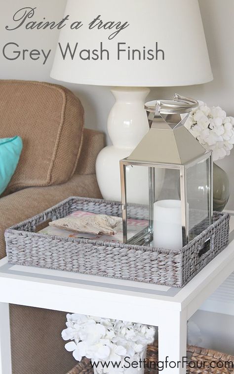 Get on trend and paint a tray with a grey wash finish for a weathered, beach inspired look! It's so easy and quick! @Setting for Four Paint Wicker, Wash Basket, Sofa Makeover, Rattan Tray, Paint Tray, Gray Paint, Studio Green, Wicker Decor, Reno Ideas