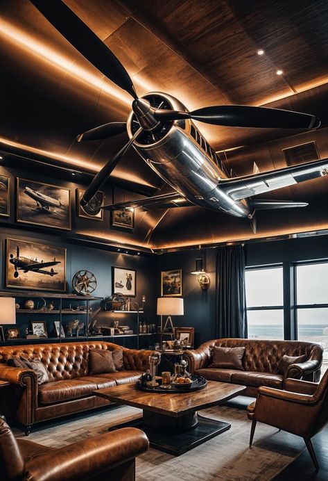 Fly Inspired Lounge Decor 0 Men Lounge Room, Pilot Lounge Decor, Aviation Interior Design, Mens Cave Ideas Room, Mancave Decor Ideas, Pilot Lounge, Mancave Interior, Aviation Bar, Unique Man Cave Ideas