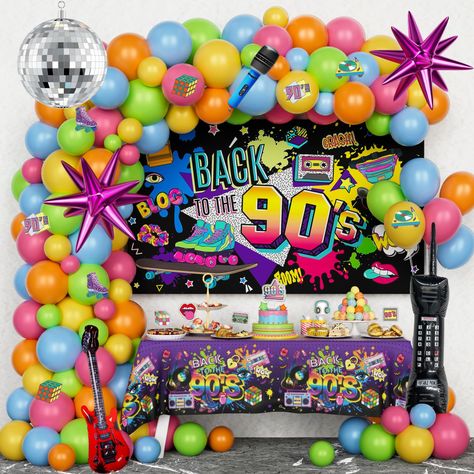 PRICES MAY VARY. Let’s Dance All Night Long: Want to travel back in 90s? Create the perfect atmosphere with our amazing decorations to make this significant day unforgettable. The colors are vibrant, and the fun foil balloons make everything sparkle. It easily gets everyone into the party mood and will be an absolutely special day in your life 90S Party Decorations Includes: 72 x 12’’ latex balloons in yellow / blue / orange / red / green / black | 18 x 5’’ latex balloons in yellow / blue / oran 90s Themed Birthday Party, 90s Themed Birthday, Backdrop Balloon Garland, 90s Theme Party Decorations, Party Decorations Backdrop, 90s Party Decorations, Backdrop Balloon, 90s Theme Party, 90's Birthday Party