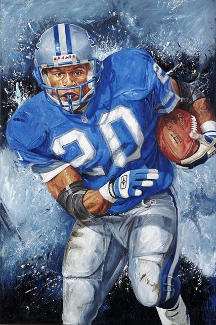 Detroit Lions, Barry Sanders by Justyn Farano Football Artwork, Barry Sanders, Nfl Football Art, Sports Painting, Detroit Lions Football, Detroit Sports, Man Cave Art, Lions Football, Sport Volleyball