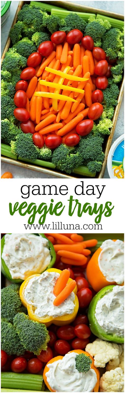 Easy Game Day Veggie Trays - perfect for any occasion or party! Football Stadium Veggie Tray, Veg Tray, Packer Party, Super Bowl Essen, Football Recipes, Snack Stadium, Superbowl Sunday, Football Parties, Football Ideas