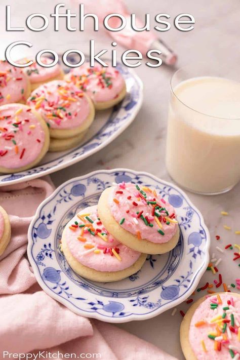 How to make the most delicious Lofthouse Cookies at home! My copycat recipe will give you the most delicious, super soft, cakey, and sweet sugar cookies with that addictively delicious classic pink frosting. These cookies are super easy to make and taste just like that grocery store favorite! Lofthouse Cookie Recipe, Soft Frosted Sugar Cookies, Lofthouse Sugar Cookies, Lofthouse Cookies, Chewy Sugar Cookies, Shortbread Cookie Recipe, Pink Frosting, Sugar Cookie Frosting, Soft Sugar Cookies