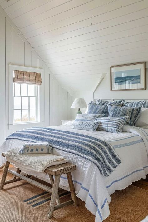 Create a serene and coastal retreat in your home with these 25 Charming Cape Cod Bedroom Ideas. Each idea captures the essence of this classic American style, blending nautical charm with cozy, understated elegance. Discover how to use light, airy color palettes, natural textures, and maritime accents to transform your bedroom into a peaceful Cape Cod haven. Whether it's through breezy linens, weathered wood furniture, or seaside-inspired decor! Coastal Granddaughter Interior, Nantucket Aesthetic Bedroom, Room Decor Bedroom Beach, East Coast Bedroom, Blue Cottage Bedroom, Coastal Contemporary Bedroom, Beach Bedroom Ideas Coastal Style, Coastal Blue Bedroom, Nantucket Bedroom