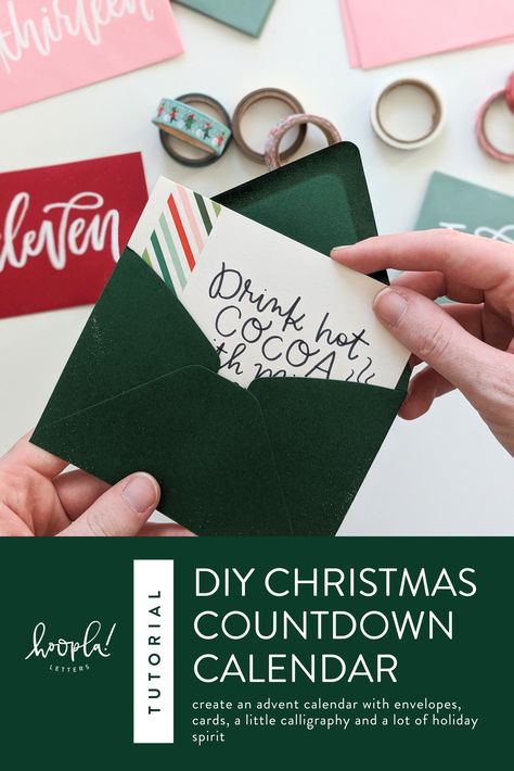 Create a super fun advent calendar with just a few envelopes & cards, a little calligraphy and a whole lotta holiday spirit! Diy Christmas Countdown Calendar, Calendar Calligraphy, Calligraphy Alphabet Tutorial, Diy Christmas Countdown, Fun Advent Calendar, Chalkboard Template, Cool Advent Calendars, Christmas Countdown Diy, Calligraphy Gifts