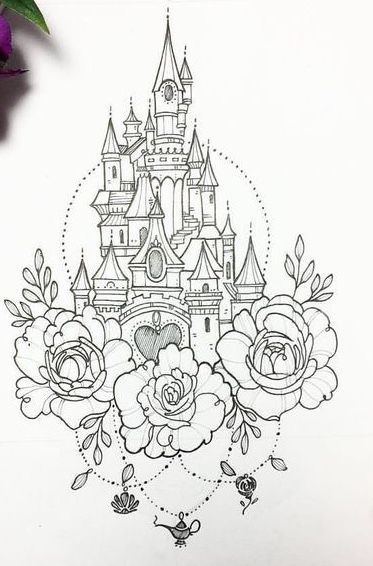 Disney Castle Outline, Castle Outline, Disney Inspired Tattoos, Disney Sleeve Tattoos, Castle Tattoo, Disney Sleeve, Disney Tattoo, Disney Art Drawings, Pin Up Tattoos