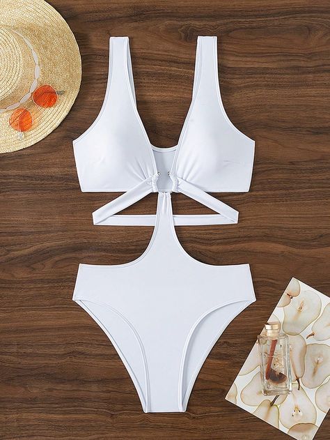 White Sexy Collar Sleeveless Fabric Plain  Embellished High Stretch  Women Clothing Swimsuit Outfit Black Women, White Swimsuit Outfit, Swim Summer, Swimsuits Outfits, Drawstring Waist Shorts, Beach Skirt, White Swimsuit, Elegant Dresses Long, Casual Stripes