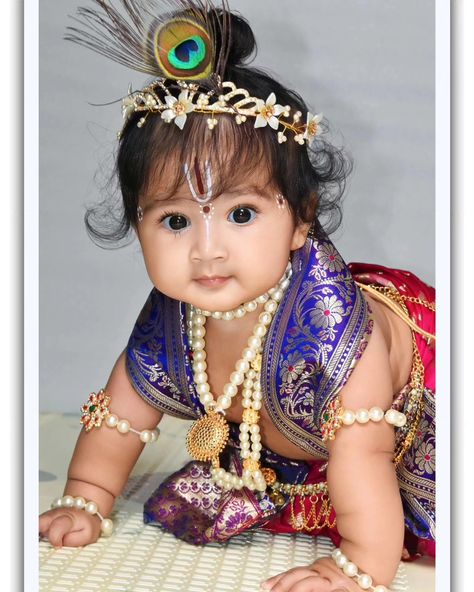 Baby in Krishna costume on krishnashtami Krishna Photography Baby, Krishna Ready For Baby, Krishna Costume For Babies, Krishna Baby Photo Shoot, Krishna Kids Photoshoot, Krishna Astami Baby Photos, Krishna Dress For Baby Girl, Krishna Janmashtami Baby Photo Shoot, Krishna Photoshoot Baby At Home