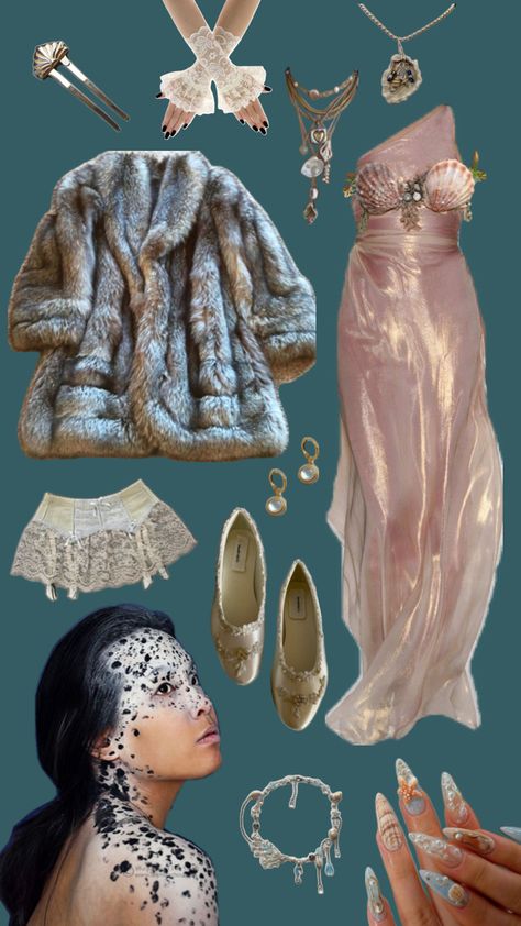 selkie themed outfit and accessories Wyldstyle Costume, Selkie Coat, Selkie Costume, Ophelia Costume, Selkie Oc, Selkie Aesthetic, Rein Fair, Fae Cosplay, Sea Inspired Fashion