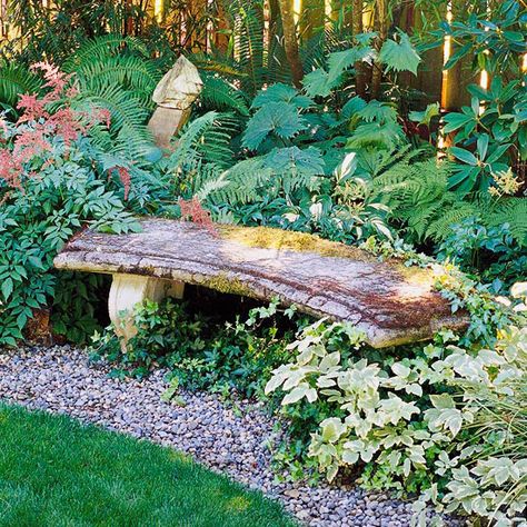 Curved bench in a shady garden border blends with its surroundings Stone Garden Bench, Garden Benches, Concrete Bench, Stone Bench, Memorial Garden, Garden Seating, Garden Structures, Garden Bench, Garden Cottage