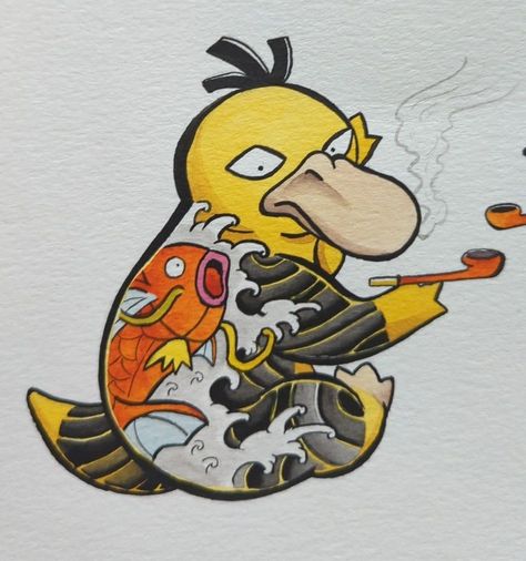 Pokemon Traditional Japanese Art, Traditional Tattoo Pokemon, Japanese Drawing Ideas, Comic Style Tattoo, Traditional Pokemon Tattoo, Psyduck Tattoo, Cartoon Flash Tattoo, Pokemon Sleeves, Pokemon Tattoos