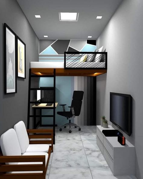 Teen Boy Bed Loft, Gamer Loft Bed Ideas, Loft Bed Office Ideas, Loft Bed With Gaming Area, Loft Bed Layout Ideas, Small Loft Office, Loft In Bedroom, Cute Kids Bedroom Ideas, Loft Bed Studio Apartment