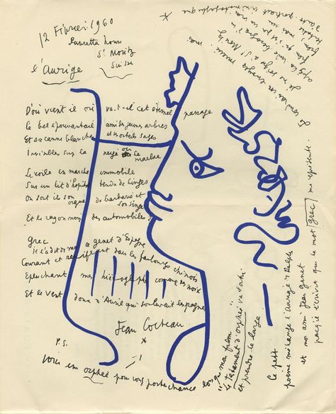 JEAN COCTEAU: L’Aurige, poème rehaussé d’un dessin d’Orphée publié dans une revue londonienne, Arts Quaterly, n° 2, été 1960. « Ce petit poème mélange l’Aurige de Delphes et mon ami Jean Genet parce qu’il écrivit que le mot grec me représente. » Sketchbook Layout, Jean Cocteau, Art Collage Wall, Wall Collage, Collage Art, Digital Illustration, Art Inspo, Line Art, Mood Board