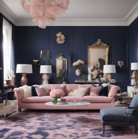 15 Stylish Seating Solutions to Transform Your Living Room - DreamyHomeStyle Pink And Blue Living Room Ideas, Blue And Pink Living Room, Pink Sofa Living Room, Navy Sofa, Moody Living Room, White Slipcovers, Blue Lounge, Pink Living Room, Pink Sofa