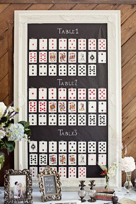 SEATING PLAN: 15 Alternative & Unique Seating Plan Displays.  My favorite of these is using playing cards somehow. . .maybe with pictures on the back.? Wedding Table Games, Diy Chalkboard Sign, Unique Seating, Alternative Seating, Diy Seating, Wedding Themes Summer, Wedding Signs Diy, Wedding Themes Fall, Diy Chalkboard