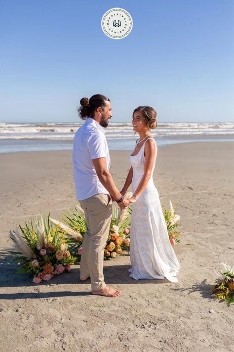 Get inspired by this small beach wedding on Galveston Island, Texas. Off the Texas Gulf Coast 50 miles from Houston, this romantic laidback beach elopement is so inspiring! Photo by Degrees North Image. Galveston Texas Beach, Small Beach Wedding, Galveston Wedding, Disney Cruise Wedding, Texas Gulf Coast, Small Beach Weddings, Galveston Beach, Texas Beaches, Wedding Adventure