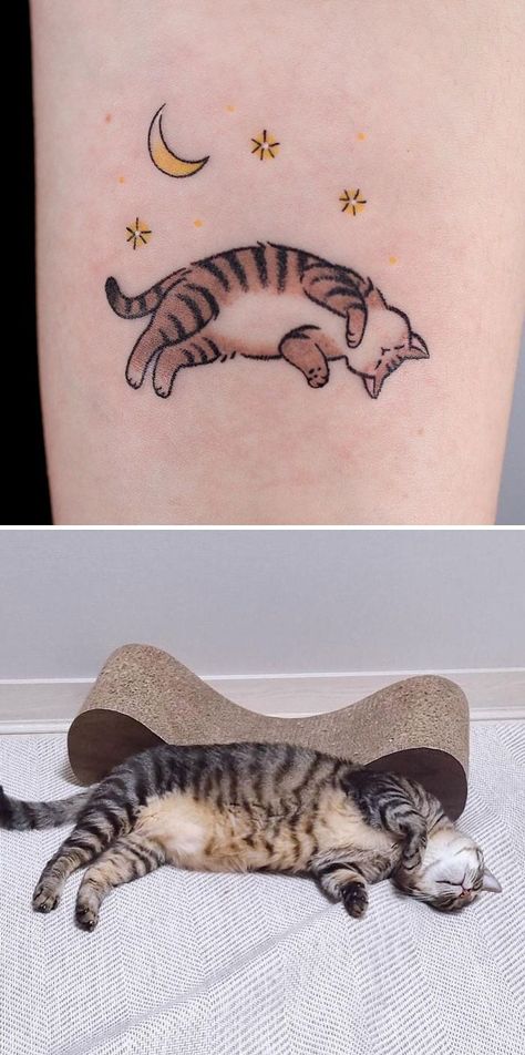 Silly Cat Tattoo Ideas, Two Cats Tattoo Designs, Small Tabby Cat Tattoo, Cool Cat Tattoo Ideas, Brown Cat Tattoo, Cat Tattoo Colorful, Tiger Cat Tattoo, Creative Cat Tattoo, Tiny Pet Tattoos