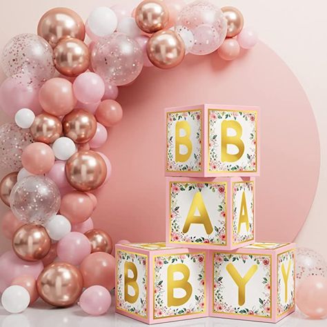 Boho Baby Shower Decorations, Welcome Baby Party, Floral Baby Shower Decorations, Gold Baby Shower Decorations, Baby Shower Box, Floral Party Decorations, Rose Gold Ribbon, Floral Balloons, Girl 1st Birthday