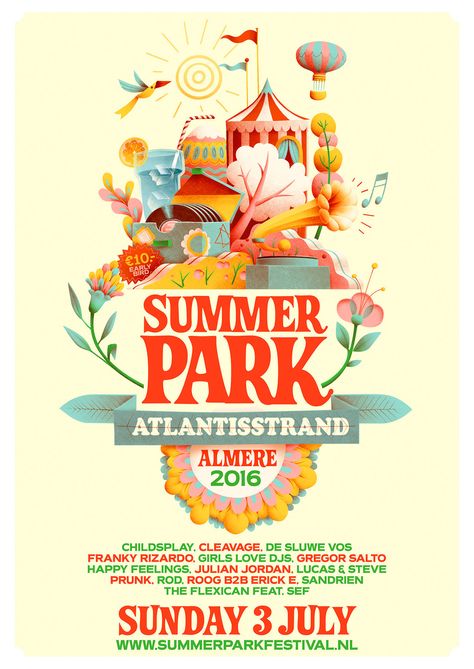 Artwork for a new festival in Almere, a city close by Amsterdam in the Netherlands. Because this is the first year of the festival, we tried to make an inviting image that could not be mistaken for anything else than a summer Festival poster. The image wa… Summer Festival Illustration, Festival Artwork, Festival Poster Design, Festival Flyer, Music Festival Poster, Summer Poster, Event Poster Design, Simple Designs To Draw, Plakat Design