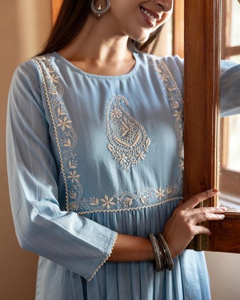 ~NOOR~ Charming Chikankari - New Arrivals! The blend of sky blue with the timeless appeal of Chikankari embroidery Strikes a beautiful visual balance. Textured dobby adds subtle depth to this lightweight kurta in a relaxed fit. [ Cottons Jaipur, Cotton, Chikankari, Lucknow, Handcrafted, Hand-embroidered, Craftmanship ] #cottons #cottonsjaipur #newarrivals #chikankari #chikankariembroidery #handembroidery #indiancraft #craftmanship #indianart #threads #cottonkurta #embroidery #handembroide... Cottons Jaipur, Visual Balance, Chikankari Embroidery, Indian Crafts, Indian Summer, Jaipur, Embroidery Stitches, Summer Collection, Hand Embroidered