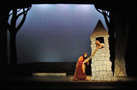 Rapunzel in her tower Into The Woods Musical Set Design, Into The Woods Set Design, Into The Woods Jr, Into The Woods Set, Into The Woods Musical, Rapunzel's Tower, Phantom Tollbooth, Woods Painting, Rapunzel Tower