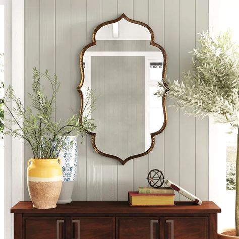 Birch Lane™ Everman Lightly Antiqued Metallic Gold Wall Mirror | Birch Lane Living Room Ideas Industrial, Mirror Decor Ideas, Gold Wall Mirror, Industrial Wall Decor, Traditional Mirror, Antique Mirror Wall, Hammered Iron, Gold Mirror Wall, Mirror Metal