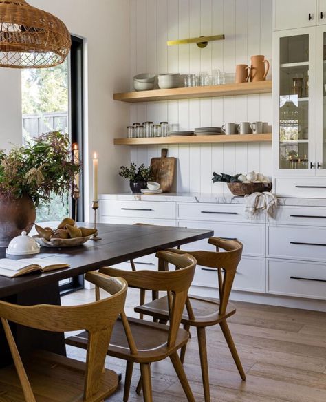 Check out these gorgeous kitchens featuring vertical shiplap as the backsplash instead of traditional tile! This is a fun and unique way of adding some charm to your kitchen. Vertical Shiplap In Kitchen, Kitchen With Vertical Shiplap, Vertical Shiplap Wall Kitchen, Verticle Shiplap Backsplash Kitchen, Wet Bar Shiplap Backsplash, Kitchen Island Vertical Shiplap, Tapered Shiplap Range Hood, Mixed Wood Tones, Shiplap Backsplash Kitchen