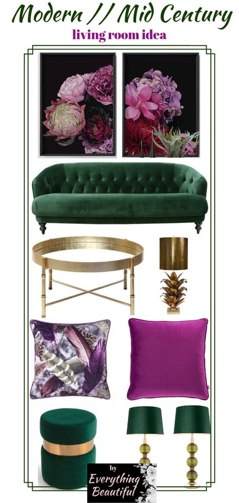 Green Purple Gold Living Room, Purple Green And Gold Living Room, Gold And Emerald Living Room, Forest Green Velvet Couch, Hunter Green And Pink Living Room, Green And Fuschia Living Room, Grey Emerald Living Room, Sage Green And Plum Living Room, Taupe And Emerald Green Living Room