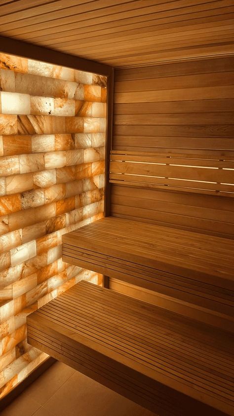 A salt wall inside a bespoke sauna designed and handmade by Heartwood Saunas. Salt Therapy Room, Himalayan Salt Room, Sauna Lights, Home Spa Room, Salt Therapy, Sauna House, Spa Interior Design, Sauna Steam Room, Salt Room