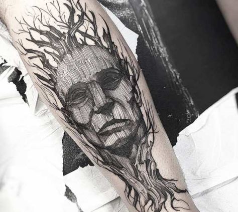 Nice Black and grey Tree Face tattoo by Fredao Oliveira Fredo Tattoo, Ent Tattoo, Tree Leg Tattoo, Tree Tattoo Men, Sketch Style Tattoos, Forest Tattoos, R Tattoo, Line Work Tattoo, Tattoo Videos