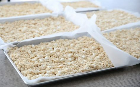 Large Batch Rice Krispie Treats | Our Best Bites Large Batch Rice, Large Batch Cookies, Big Batch Cookies, Sheet Pan Dessert, Riced Broccoli, Rice Crispy Squares, Family Reunion Food, Krispy Treats Recipe, Snack Tables