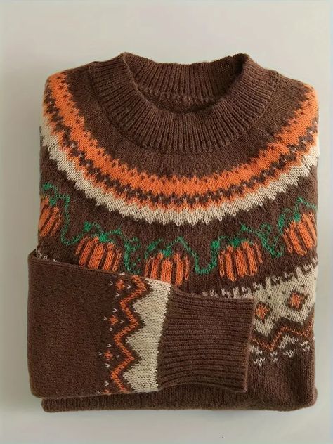 Cozy Halloween Pumpkin Crew Neck Sweater Women Casual Long - Temu Cozy Halloween, Thanksgiving Sweater, Jackets Dress, Classic Sweater, Sweater For Women, Thanksgiving Outfit, Fair Isle Sweater, Fabric Collars, Fall Sweaters