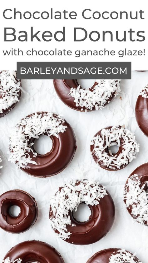 These baked chocolate coconut donuts are soft, moist and topped with silky chocolate ganache and shredded coconut! They're the perfect weekend breakfast treat or simple dessert for the coconut lover in your life! Coconut Donut Recipe, Coconut Donut, Chocolate Ganache Glaze, Chocolate Coconut Cookies, Fancy Donuts, Coconut Baking, Homemade Donuts Recipe, Chocolate Glazed Donuts, Coconut Shavings