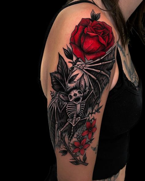 Bat skeleton floral piece I made yesterday for Allie 🦇 🌹 Made in one full day session. Swipe to see the video wraps a bit with the wings Thanks for looking! More bats & any animals, skeletons floral forever pls maxwoodstattoos.com 👁️ - - - - - - - - - - - - - - - #art #artist #tattooartist #tattoo #illustration #illustrativetattoo #illustrativeart #illustrativetattoos #bat #batskeleton #battattoo #darkart #dfw #dfwtattoos #dfwtattooartist #lewisvilletx #rebelmusetattoo Bat Skeleton Tattoo, Bat Wings Tattoo, Bat Skeleton, Bat Tattoo, Skeleton Tattoos, Tattoo Illustration, Wings Tattoo, Diy Clay Crafts, The Wings