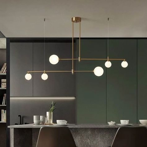 Minimalist Gold and Glass Island Chandelier Gold Pendant Lighting, Pendant Light Styles, Copper Lamps, Copper Pendant Lights, White Chandelier, Brass Chandelier, Modern Ceiling, Led Chandelier, Dining Room Lighting