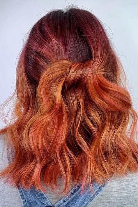 Orange Shoulder Length Hair, Rust Hair Color, Orange And Purple Hair, Purple And Orange Hair, Redhead Hair Color, Haircolor Ideas, Baylage Hair, Cheveux Oranges, Red Hair Color Ideas