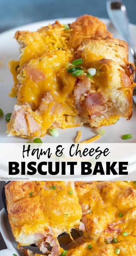 For an easy holiday breakfast recipe to feed a hungry crowd, make this Ham and Cheese Breakfast Casserole with Biscuits. Ham, cheese, eggs and biscuits baked together. Serve slathered with butter, drenched in white breakfast gravy or hollandaise sauce for the ultimate brunch or breakfast. #breakfastrecipes #casserolerecipes #breakfastcasserolerecipes #hamandcheeserecipes #hamrecipes #leftoverhamrecipes #brunchrecipes Ham And Cheese Breakfast Casserole, Casserole With Biscuits, Cozy Casseroles, Ham And Cheese Breakfast, Breakfast Gravy, Ham Breakfast Casserole, Granola Cups, Breakfast Casserole With Biscuits, Breakfast Granola