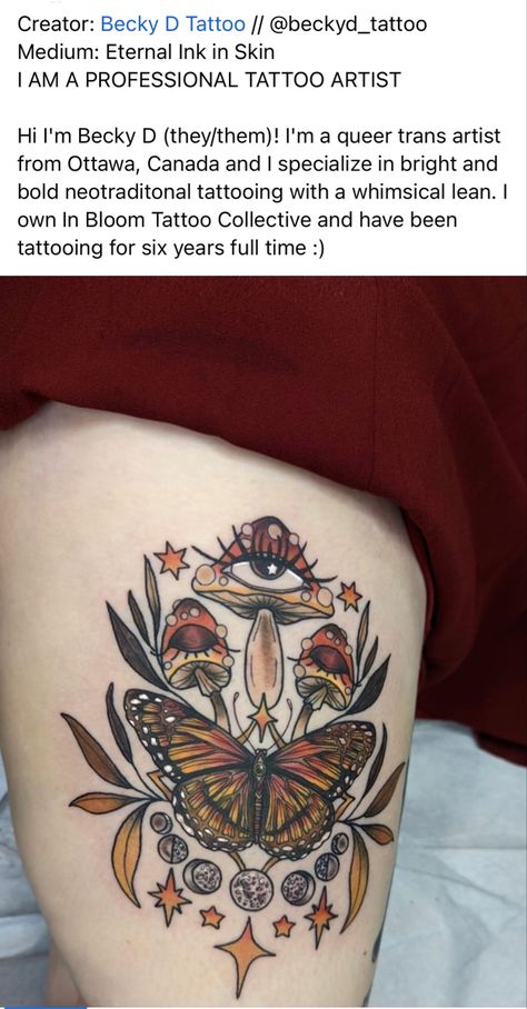 Butterfly, mushrooms, moon and stars Traditional Cottagecore Tattoo, Luna Moth And Mushroom Tattoo, Butterfly Nature Tattoo, Mushroom Moth Tattoo, Mushroom And Butterfly Tattoo, Mushroom Chest Tattoo, Mushroom Butterfly Tattoo, Moth Tattoo Color, Mushroom And Flowers Tattoo