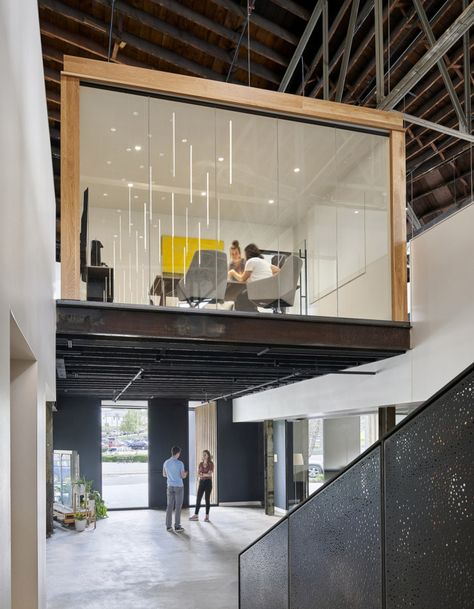 Steelcase Office Design, Factory Office Design, Mezzanine Office, Industrial Design Office, Factory Interior Design, Warehouse Office Design, Small Meeting Room, Stairs Wood, Factory Office