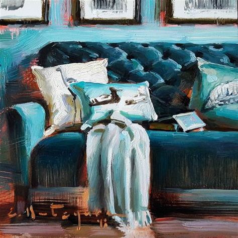 Couch Painting Art, Sofa Painting Art, Sea Green Sofa, Lana Painting, Couch Painting, Cozy Images, Sofa Painting, Elena Katsyura, Aztec Decor