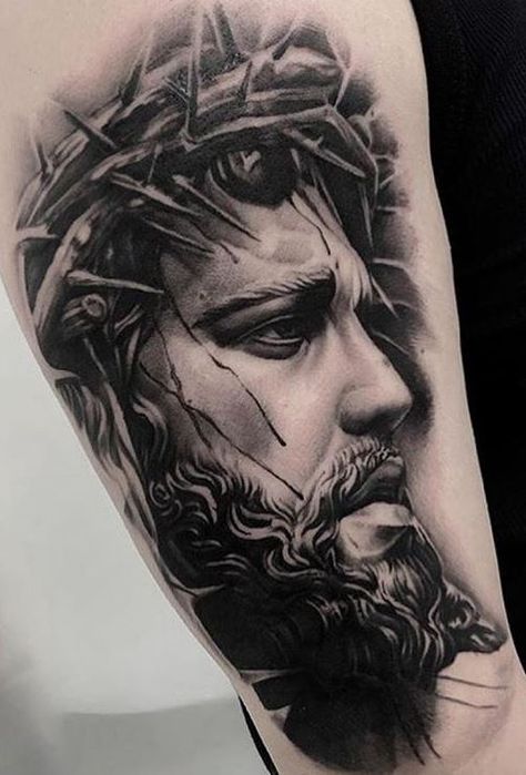 145 Very Dark & Creative Blackwork Tattoos - Tattoo Me Now Jesus Praying Tattoo, Black Jesus Tattoo Design, Jesus Face Tattoo Design, Jesus Piece Tattoo, Black Nazarene Tattoo, Black Jesus Tattoo, Jesus Christ Tattoo Designs, Jesus Face Tattoo, Jesus Portrait Tattoo