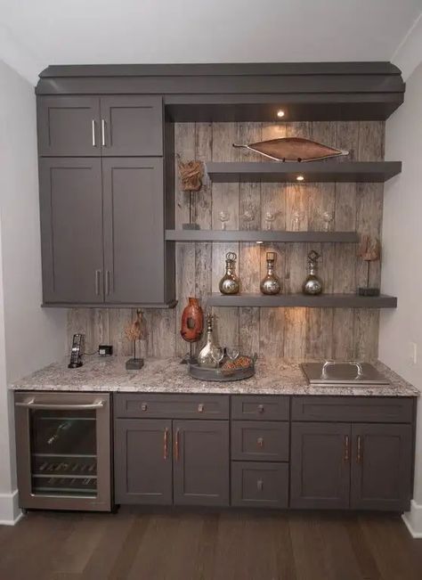 Home Mini Bar, Basement Kitchenette, Home Wet Bar, Home Bar Cabinet, Home Bar Rooms, Pantry Shelves, Basement Bar Designs, Diy Home Bar, Basement Kitchen