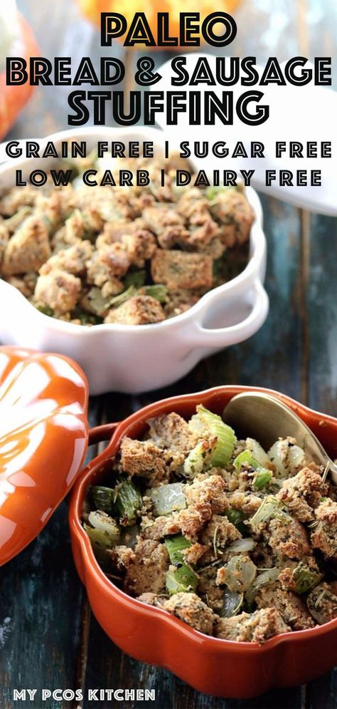 This Low Carb Bread and Sausage Stuffing side dish is perfect for all of your holiday gatherings! It is Paleo, sugar-free, gluten-free and dairy-free, and super easy to make! #stuffing #paleo #lowcarb #thanksgiving #christmas #recipe Dressing Turkey, Keto 2023, Paleo Stuffing, Low Carb Stuffing, Paleo Thanksgiving Recipes, Keto Stuffing, Best Low Carb Bread, Bread Stuffing, Paleo Thanksgiving