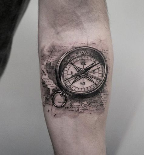 Black and grey small tattoo with compass and map on forearm Traditional Compass Tattoo, Compass Tattoo Meaning, Nautical Compass Tattoo, Compass And Map Tattoo, Compass Tattoo Men, Compass Tattoos, Best Compass, Compass Rose Tattoo, Compass Tattoo Design