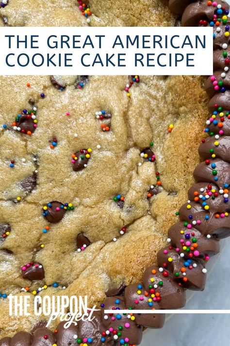 The Great American Cookie Cake Recipe Cake Made Out Of Cookies, Mrs Fields Cookie Cake Recipe, Copy Cat Great American Cookie Cake Recipe, American Baked Goods, Cookie Cake Chocolate Chip, Great American Cookie Cake Recipe Copycat, How To Make Cookie Cake Homemade, Cookie Cake With Icing, Cookie Cake Icing Great American