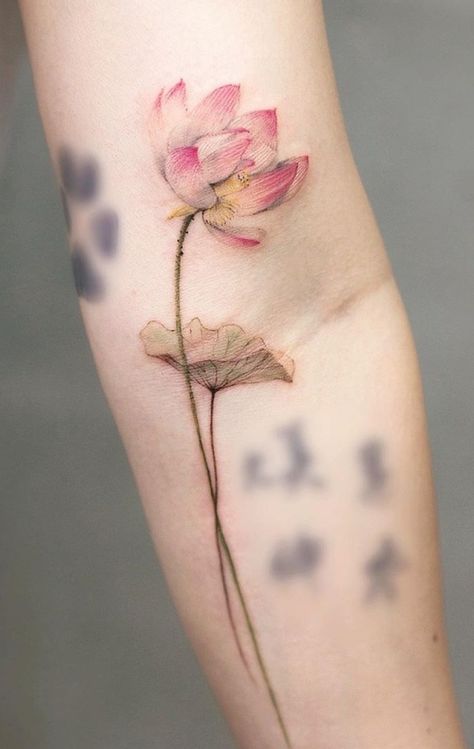 Lotus Leaves Tattoo, Teeny Tattoos, Lotus Tattoo Ideas, Tibetan Tattoo, Lotus Tattoos, Water Lily Tattoos, Colored Tattoo, One Word Tattoos, Vine Tattoos