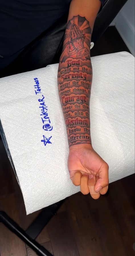 Men Inspirational Tattoos, Half Sleeve Wrap Around Tattoo, Tattoo Ideas For Teens Boys Black, Forarm Tattoos Mens Meaningful, Thug Tattoos For Men, Right Forearm Tattoo Men, God Grant Me The Serenity Tattoo Forearm, 4 Arm Tattoos Men, Sky’s The Limit Tattoo